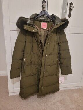 Kate Spade NWT Walker Feather Down Parka Coat Jacket With Faux Fur Hood Large